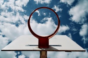 Basketball hoop taken from floor to sky view