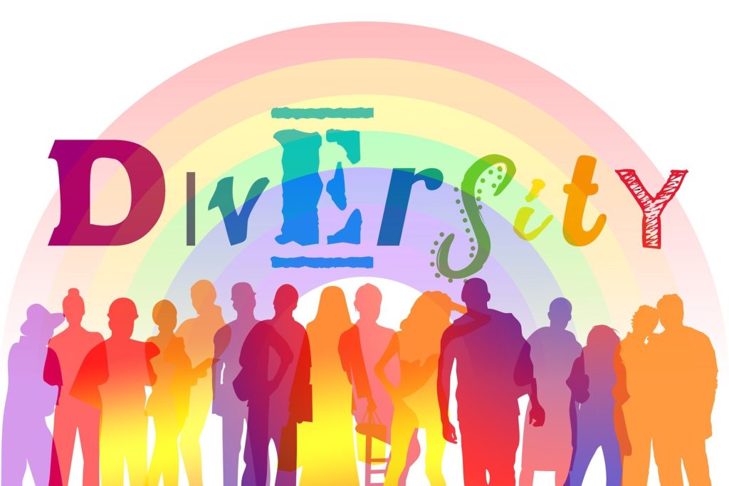 Word "Diversity" with rainbow and outlines of people. Department of Environmental Conversation.