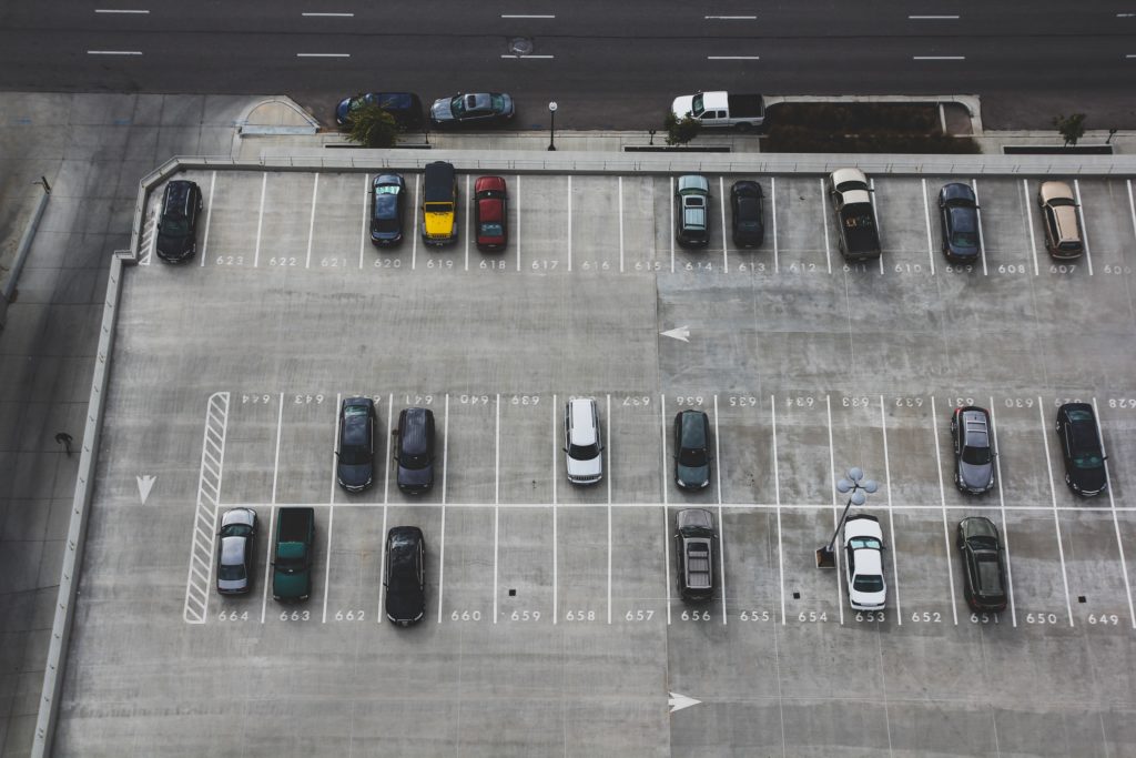 Overhead image of parking lot with cars. City of Lincoln.