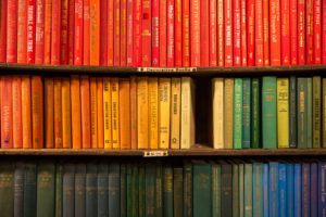 colorful books lined up on a shelf in rainbow order