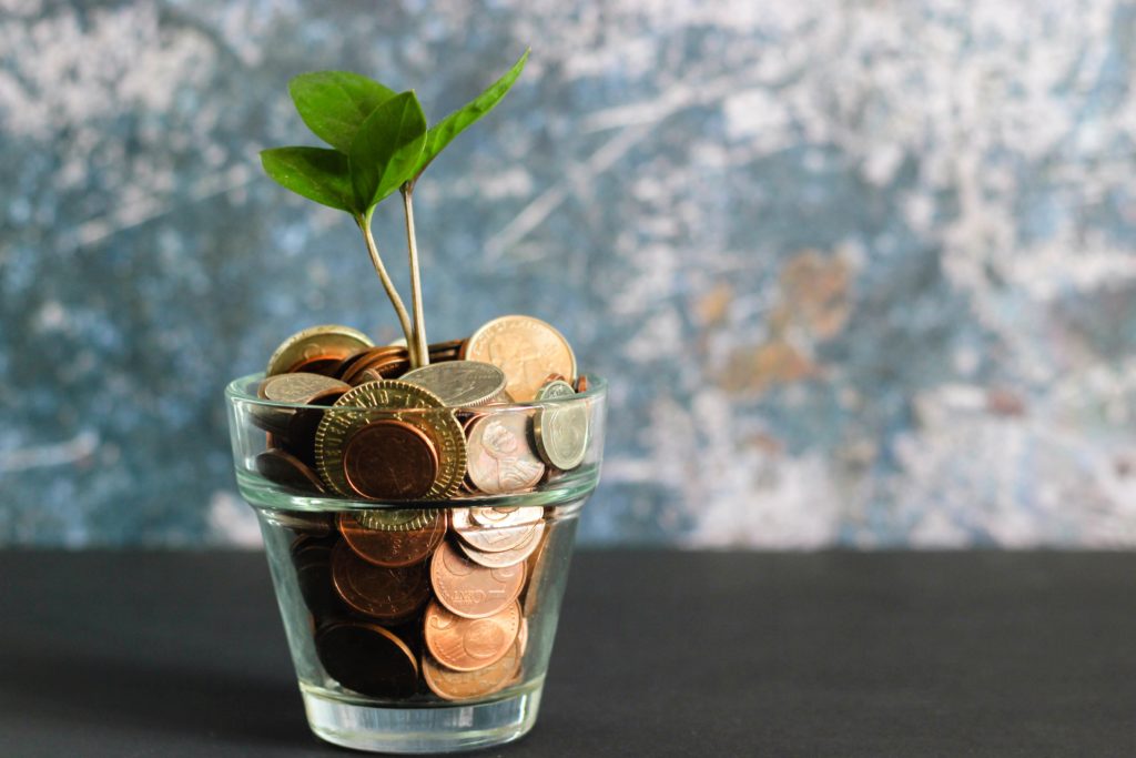 Plant growing out of small flower pot that is filled with coins and change. Financial Services