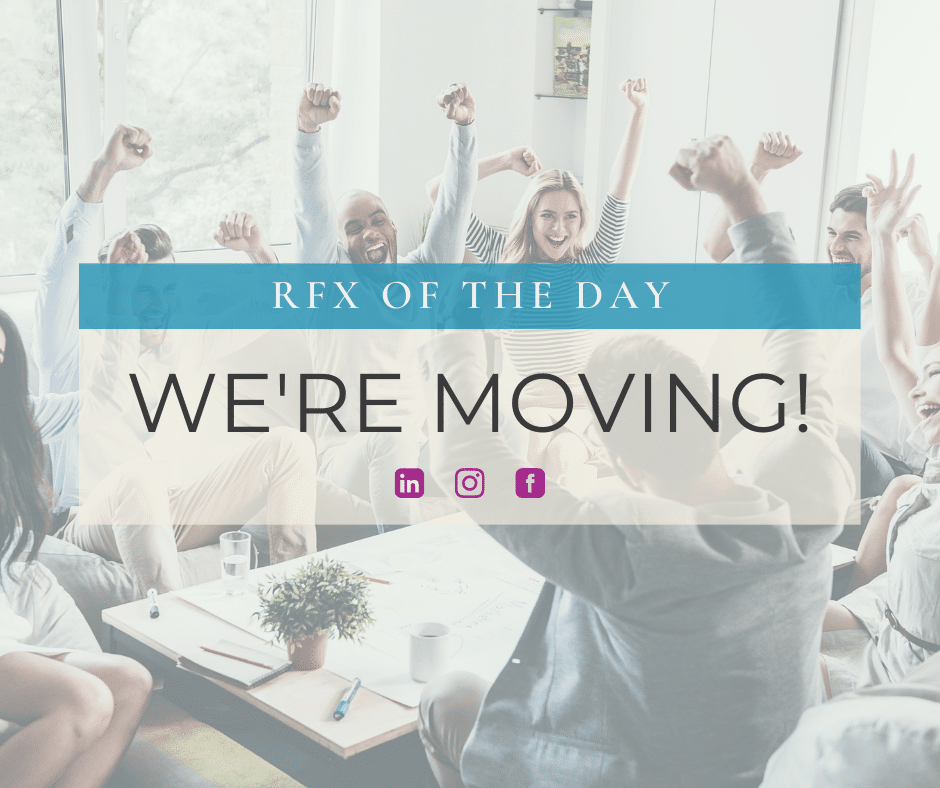 Title: RFX of the day. We're Moving! Picture of group of people jumping up cheering in office.