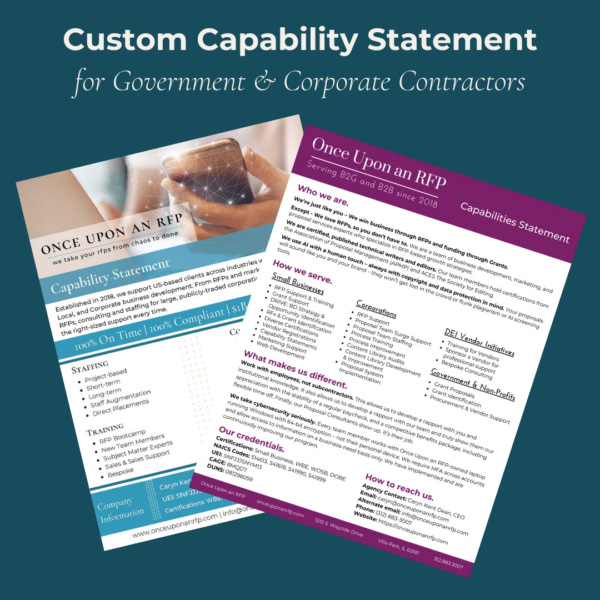 Picture of two capabilities statements for a government and corporate contractor.